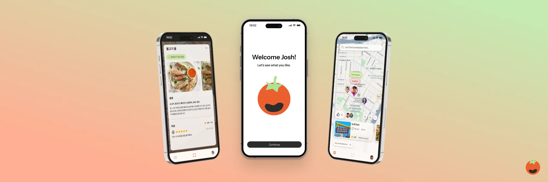 Three iPhones on an orange-to-green gradient. Left, a dish page for 불고기 롤 translated into Korean, tagged clear of allergens, with photos, a description and reviews; centre, an onboarding screen reading “Welcome Josh! Let’s see what you like.” above the Chewsy tomato mascot and a Continue button; right, a map of University Park carrying friends’ pins over an In-N-Out recommendation card.