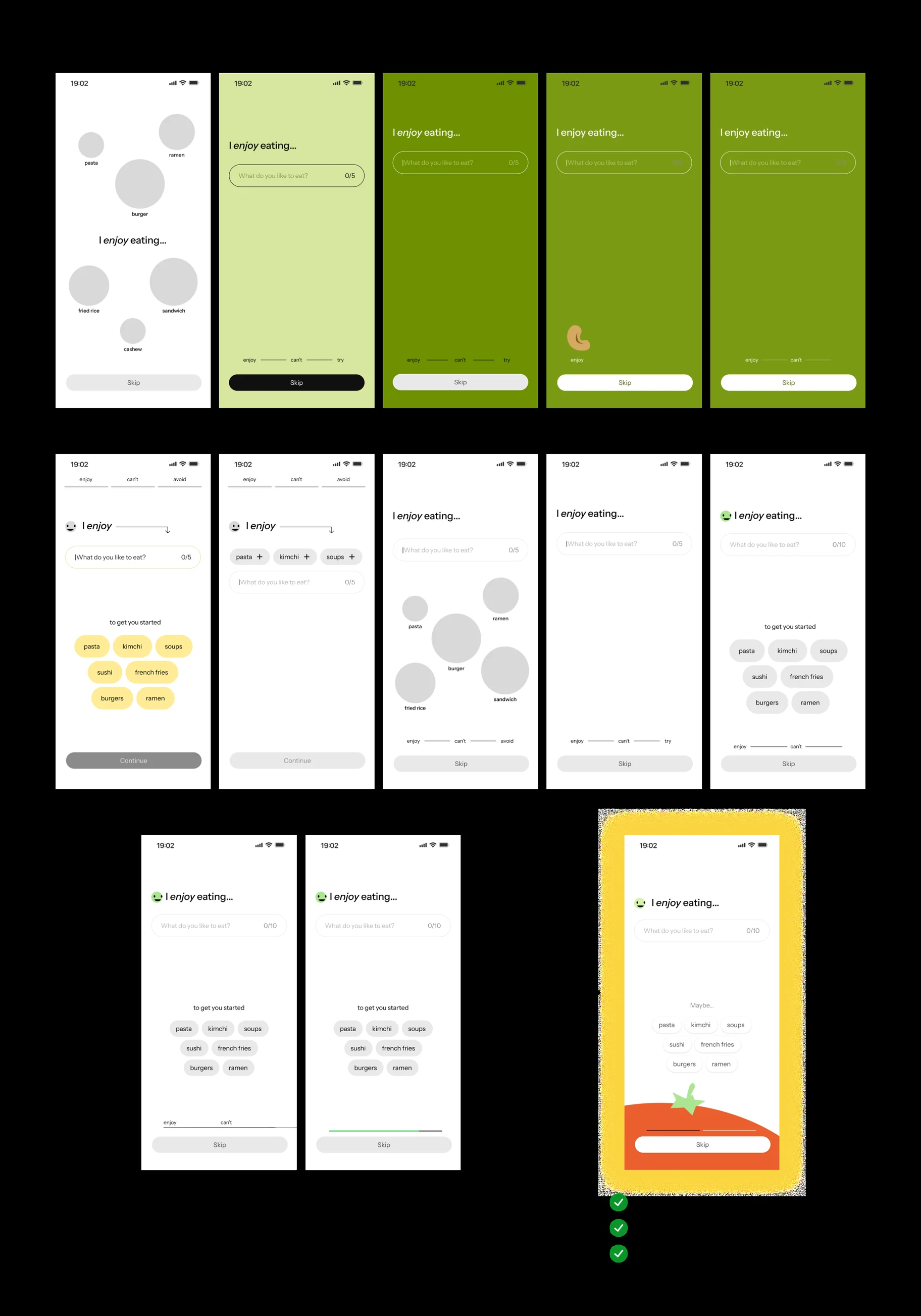 Twelve versions of the “I enjoy eating…” onboarding screen in three rows. v1 floats grey food bubbles over a Skip button; v2 to v5 test green backgrounds behind a search field and an enjoy / can’t / try scale; v6 to v10 move to a white screen with suggestion chips — pasta, kimchi, soups, sushi, french fries, burgers, ramen — and swap Continue back to Skip; v11 and v12 reduce the scale to a progress bar. An arrow marked “Final iteration!” points to the chosen screen, which adds the tomato mascot and an orange band behind the Skip button, checked off as intuitive button placement, reduced cognitive load and cohesive brand identity.