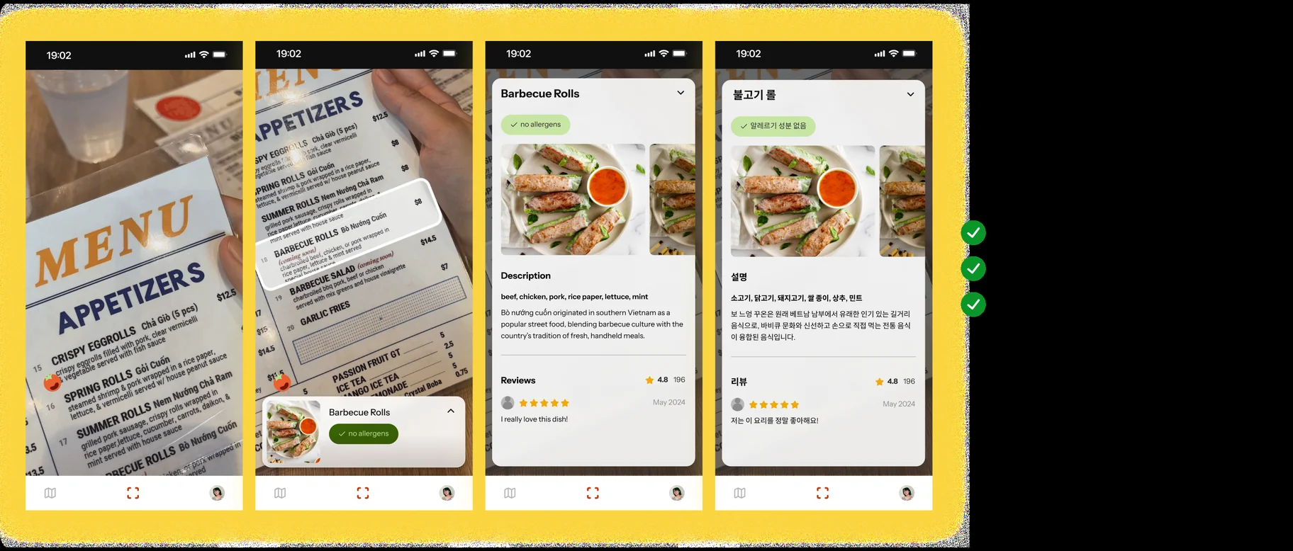 Four screens of the menu scanner on a yellow highlight. The camera view holds a Vietnamese appetiser menu; a scan tags “Barbecue Rolls” with a green “no allergens” chip in a bottom sheet; expanding that sheet shows dish photos, an ingredient list, a description and 4.8-star reviews; the last screen repeats the same dish page fully translated into Korean.