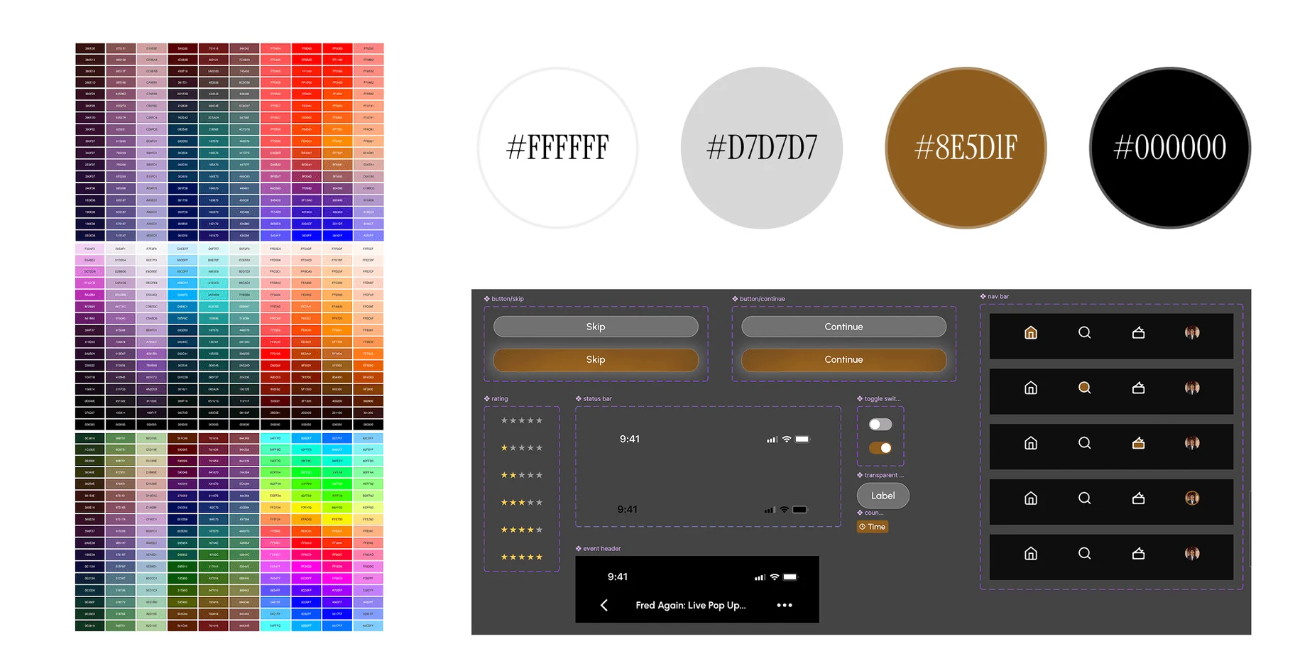 Left, the three handed-off pages of hex swatches. Right, the four colours kept — #FFFFFF, #D7D7D7, #8E5D1F and #000000 — above a dark component sheet of glass-morphic skip and continue buttons, star ratings, status bars, toggles, an event header and five tab-bar states.