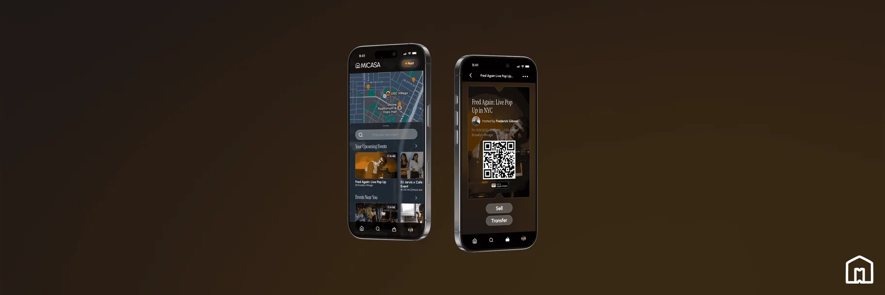 Two iPhones on a warm brown field showing the redesigned Micasa app: on the left, the home screen with a map of nearby events over a list of upcoming events; on the right, an event ticket for a Fred Again live pop-up with a QR code and Sell and Transfer buttons.
