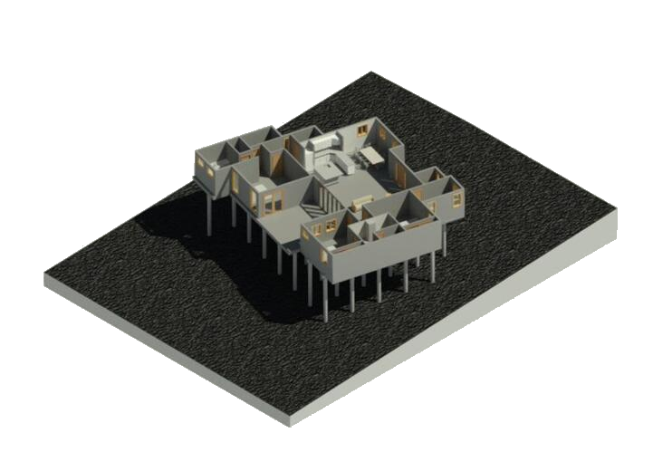 An isometric 3D render of a residential building on stilts over a dark rocky site, its walls cut away to show the interior rooms.