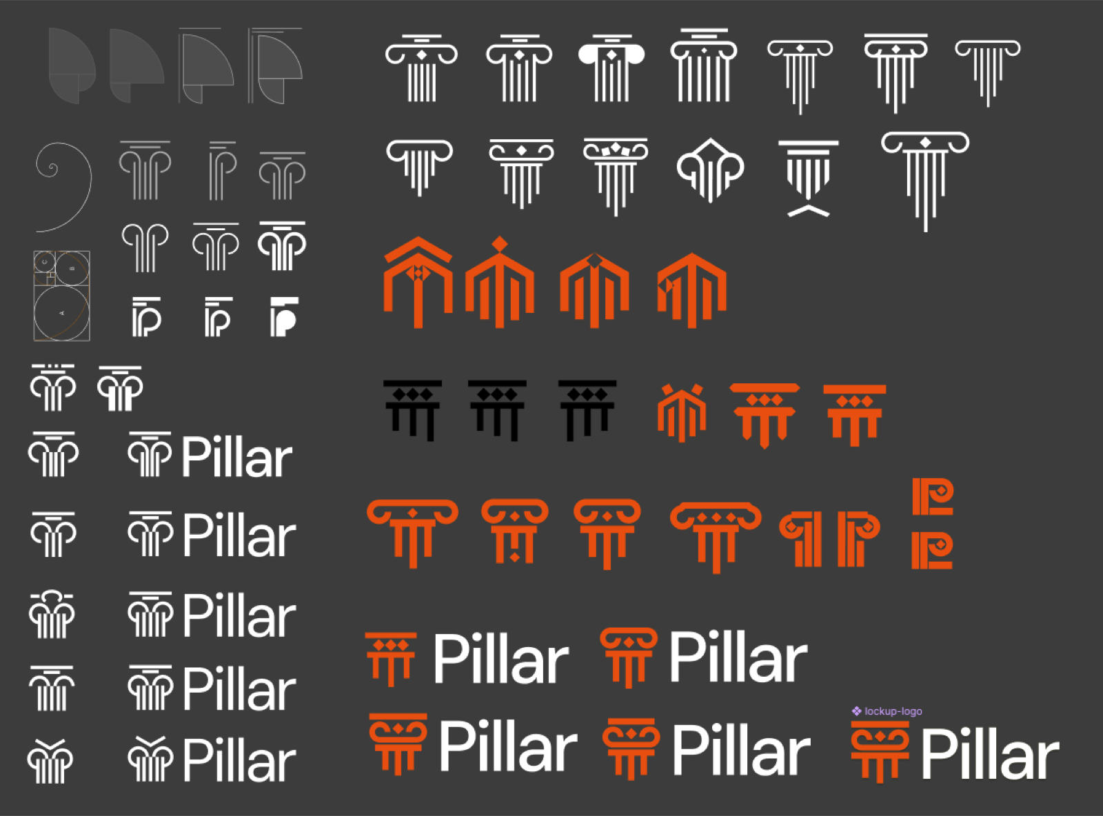 A grid of Pillar logo explorations — Greek-column marks in orange, white and black, worked through golden-ratio proportions into the final lockup.