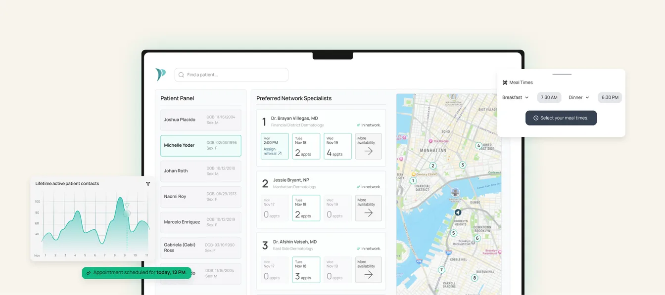The Preface Health clinic dashboard: a patient panel beside a list of preferred network specialists with their availability, a referral map, and floating cards for meal-time reminders and lifetime patient contacts.