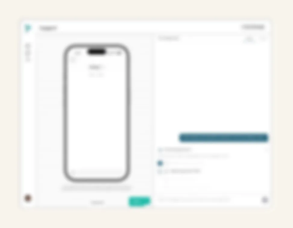 A blurred low-fidelity wireframe of the clinic chat console: a phone preview on the left, the patient conversation and its disclaimer panel on the right.