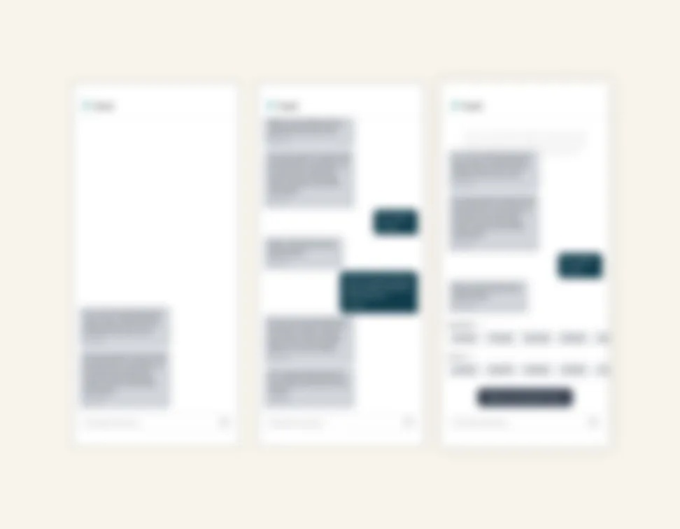 Three blurred low-fidelity wireframes stepping through the patient SMS conversation, from an empty thread to a scheduled follow-up.