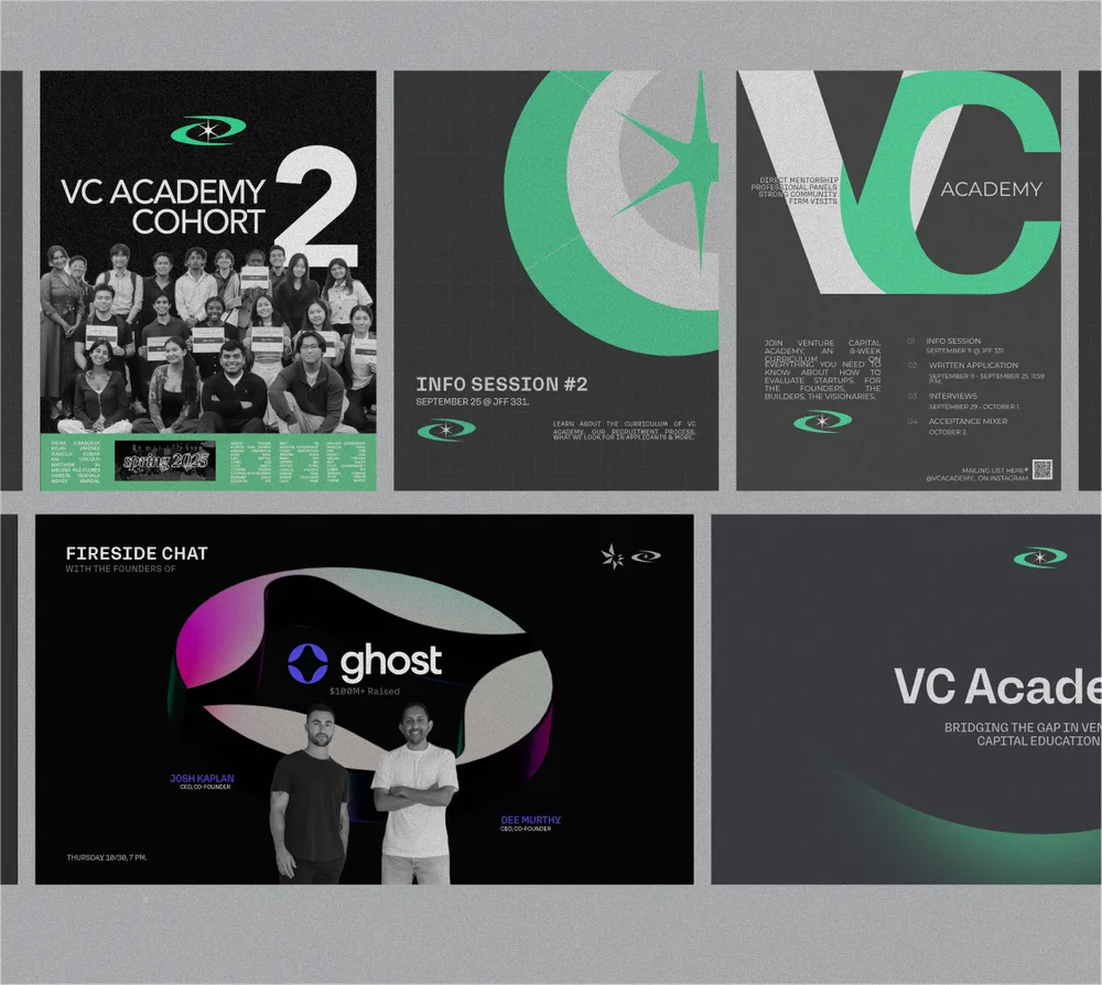 A sheet of VC Academy event graphics — layered type, halftone portraits and gradient panels arranged as a poster set.